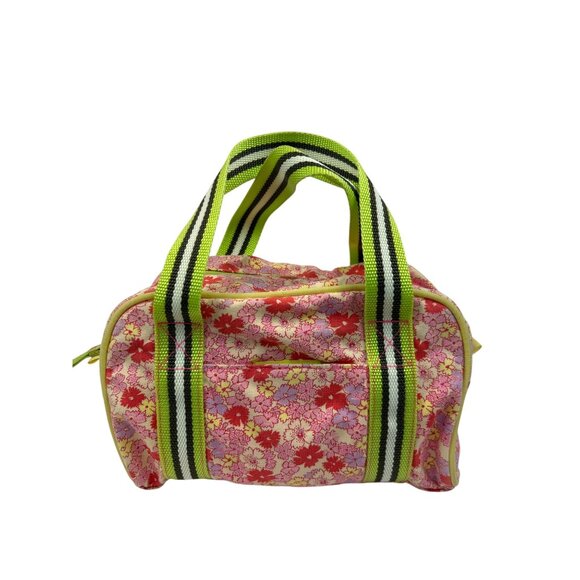 Old Navy Floral Patterned Tote Bag Striped Green Handles Neon Yellow Lining - Picture 1 of 14
